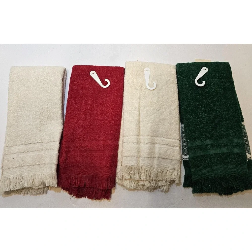 VTG Cannon Red Green Ivory Lace Fingertip 4Towels Santa Noel‎ Fringe NOS Holiday
